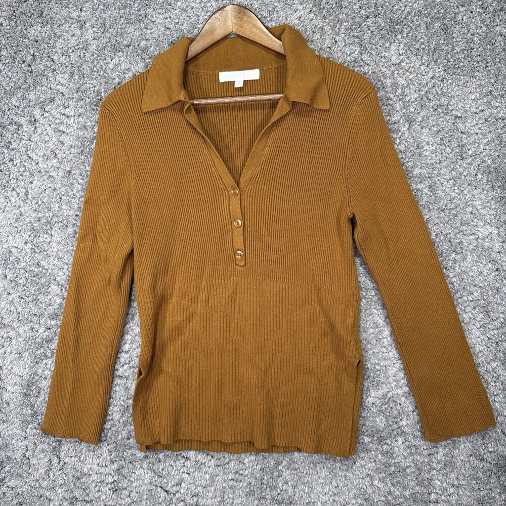 Adyson Parker Mustard Yellow Ribbed Collared Henley Sweater Medium Stretch
